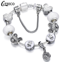 CUTEECO 925 Fashion Silver Charms Bracelet Bangle For Women Crystal Flower Beads Fit Brand Bracelets Jewelry